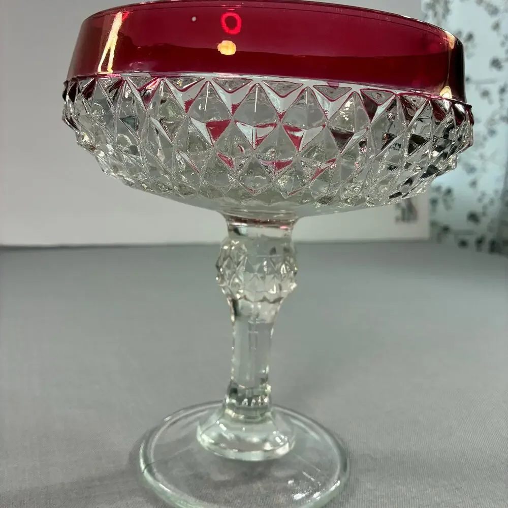 Vintage Ruby Flash Glass Pedestal Compote Candy Dish Bowl Diamond Point Clear